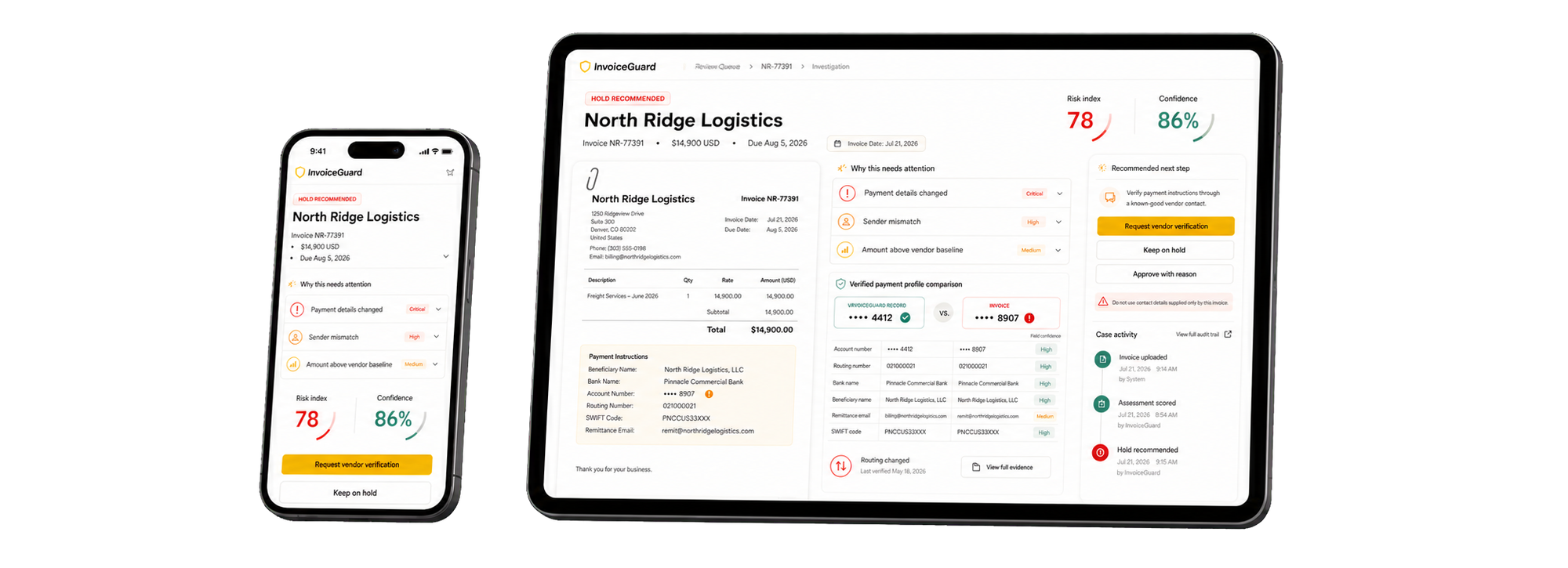 InvoiceGuard light interface displayed on a tablet, showing invoice risk, evidence, confidence, and recommended verification actions.